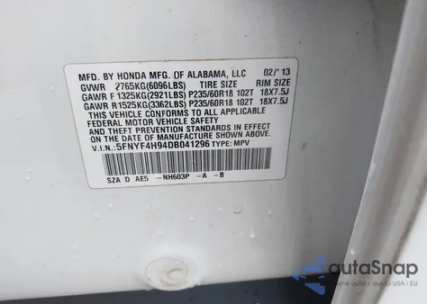 2013 Honda Pilot Touring from USA, damaged, VIN 5FNYF4H94DB041296